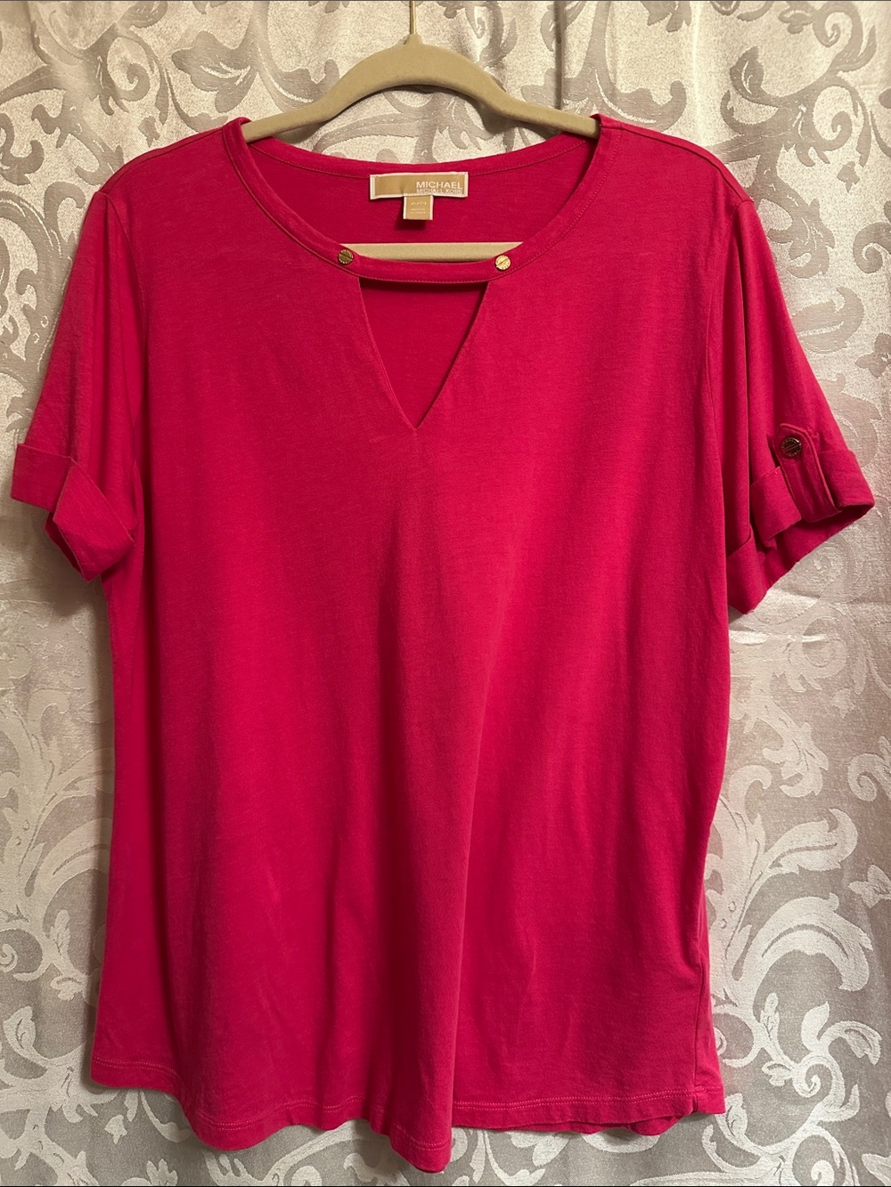 MICHAEL by Michael Kors Bright Fuchsia Short Sleeve Notch Top